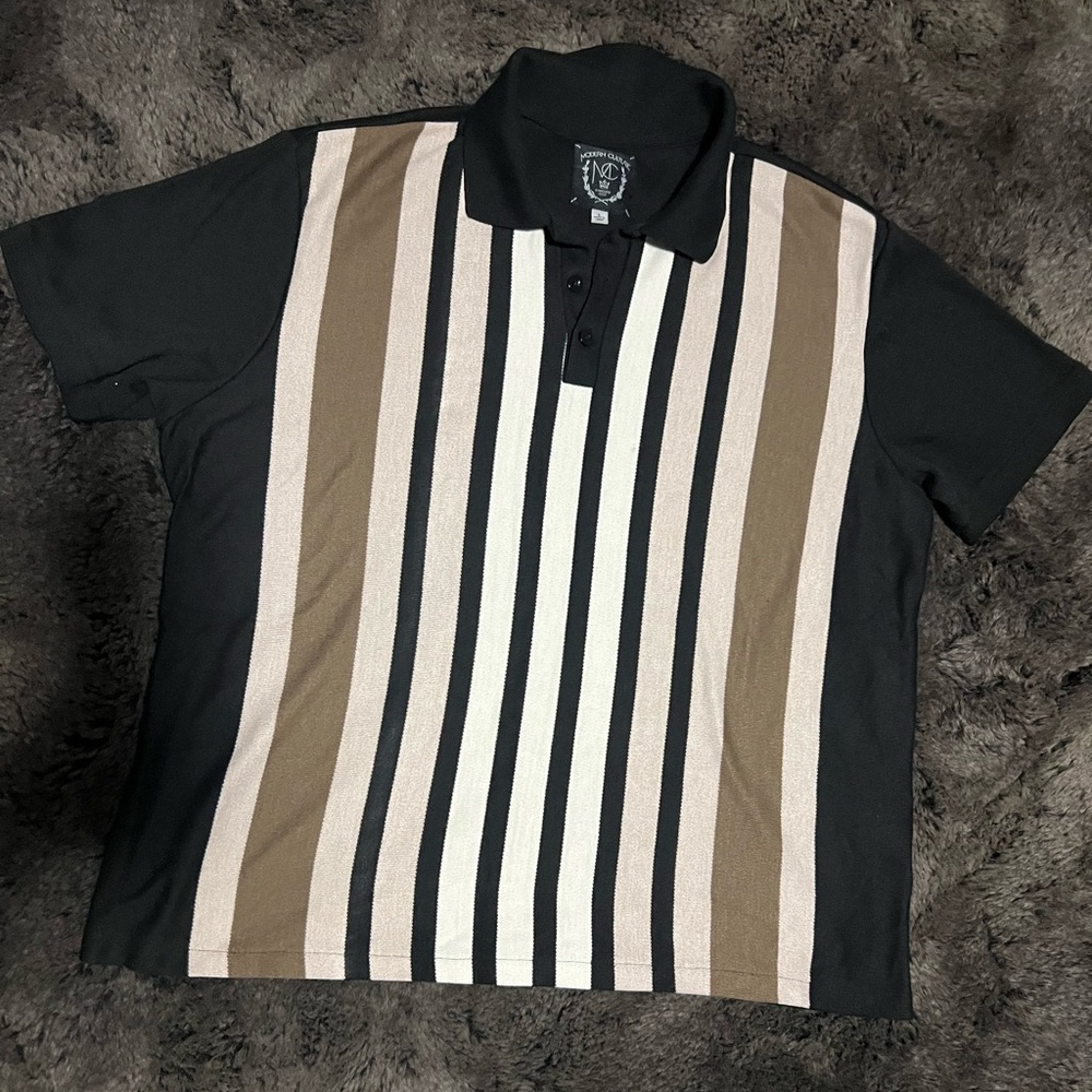Stylish Black and Brown Striped Polo Shirt Size L
